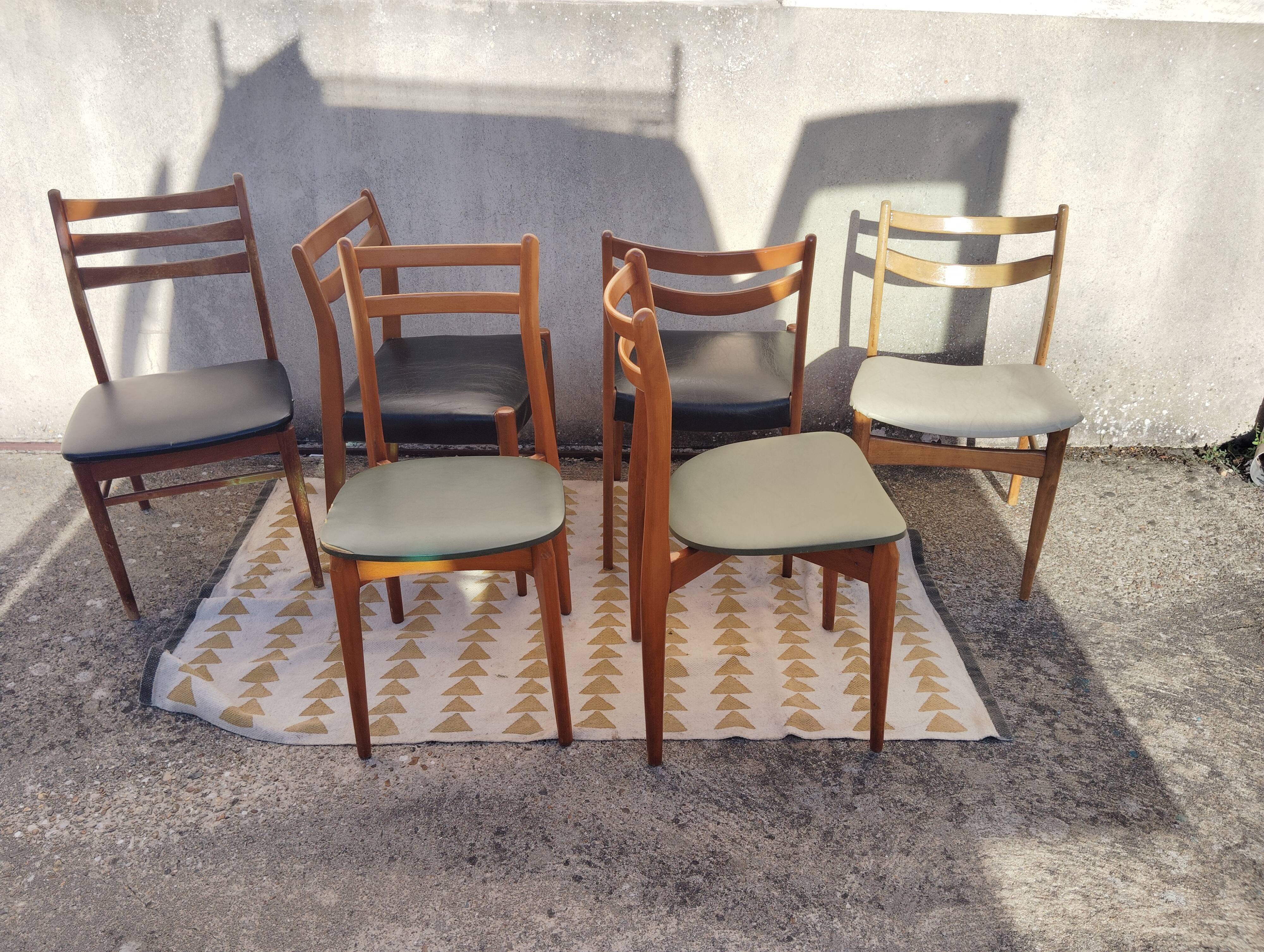 Set 6 chaises vintage scandinave dépareillées
