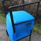 Electric blue fabric designer armchairs with black lacquered metal legs from the 80s.