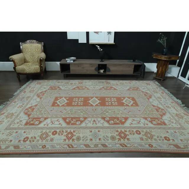 1970s Vintage Turkish Handmade Wool & Cotton Orange Area Rug 254x358