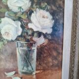 Oil on hardboard "Still life with bouquet of roses in a vase" anonymous Montparnasse frame