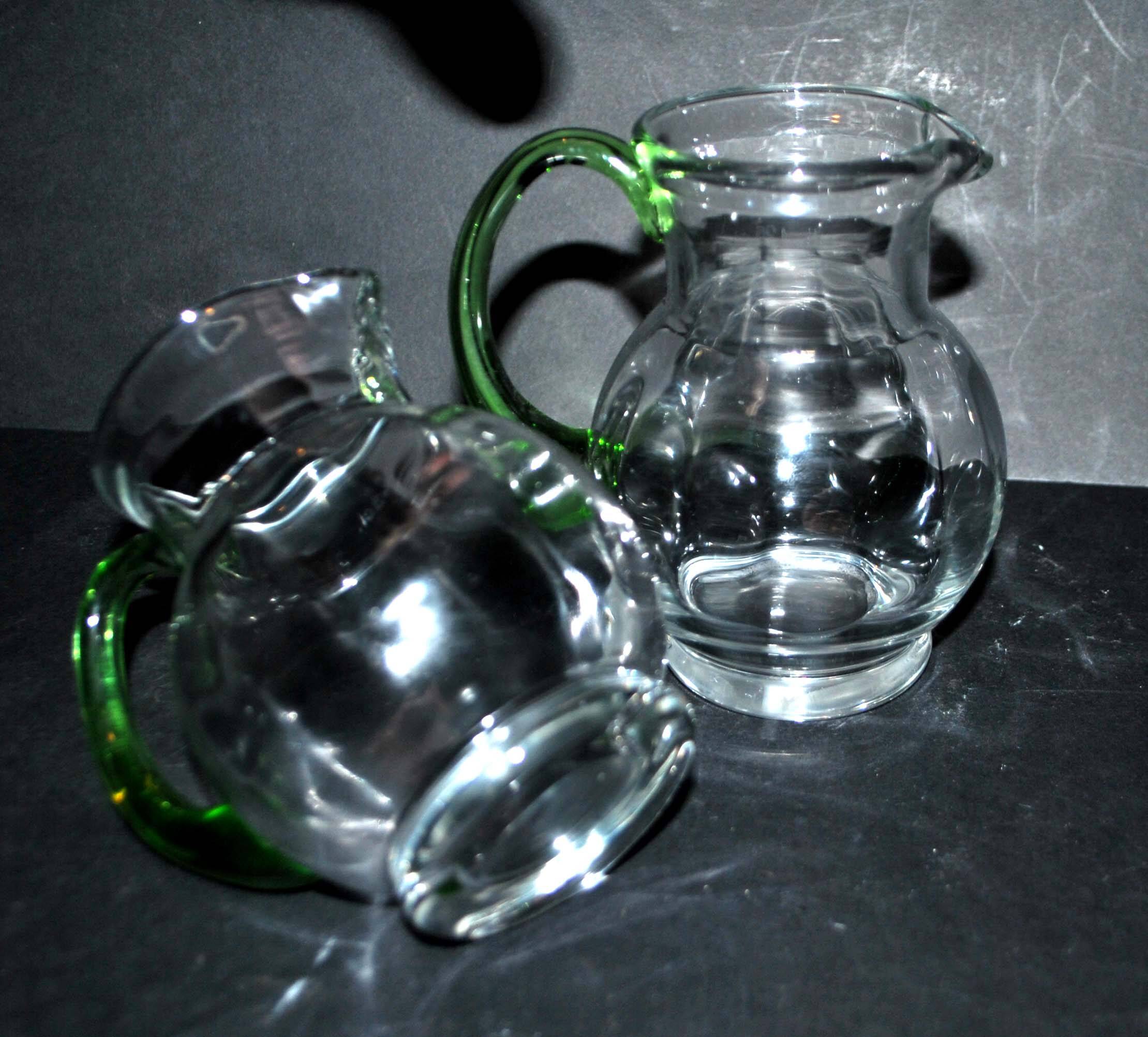 Set of 2 small blown glass wine pitchers - vintage green Alsatian balloon pitcher