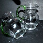 Set of 2 small blown glass wine pitchers - vintage green Alsatian balloon pitcher