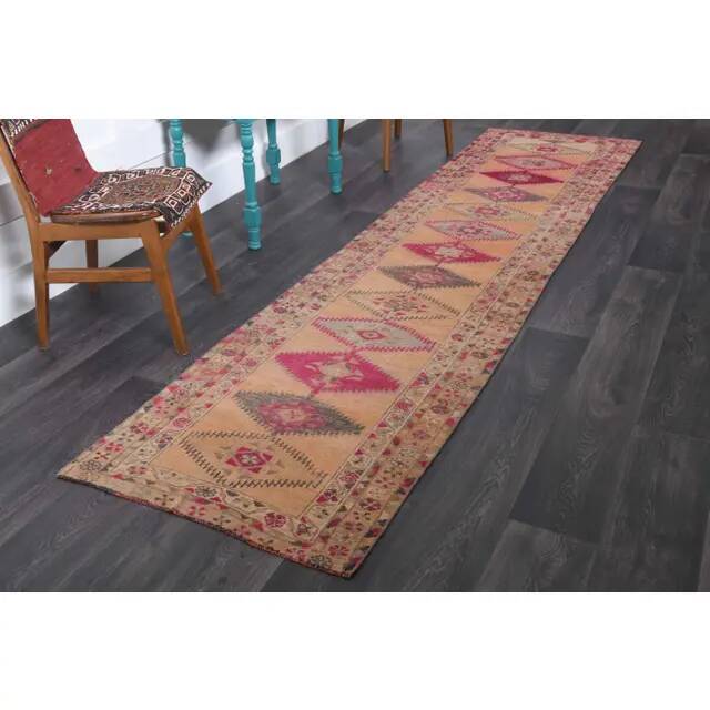 Vintage Turkish Hand-Knotted Wool Cotton Orange Runner Rug 85x344
