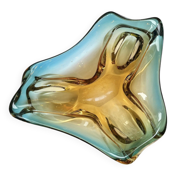 Grand vide-poche sommerso en verre bleu jaune - Murano Venise 1960