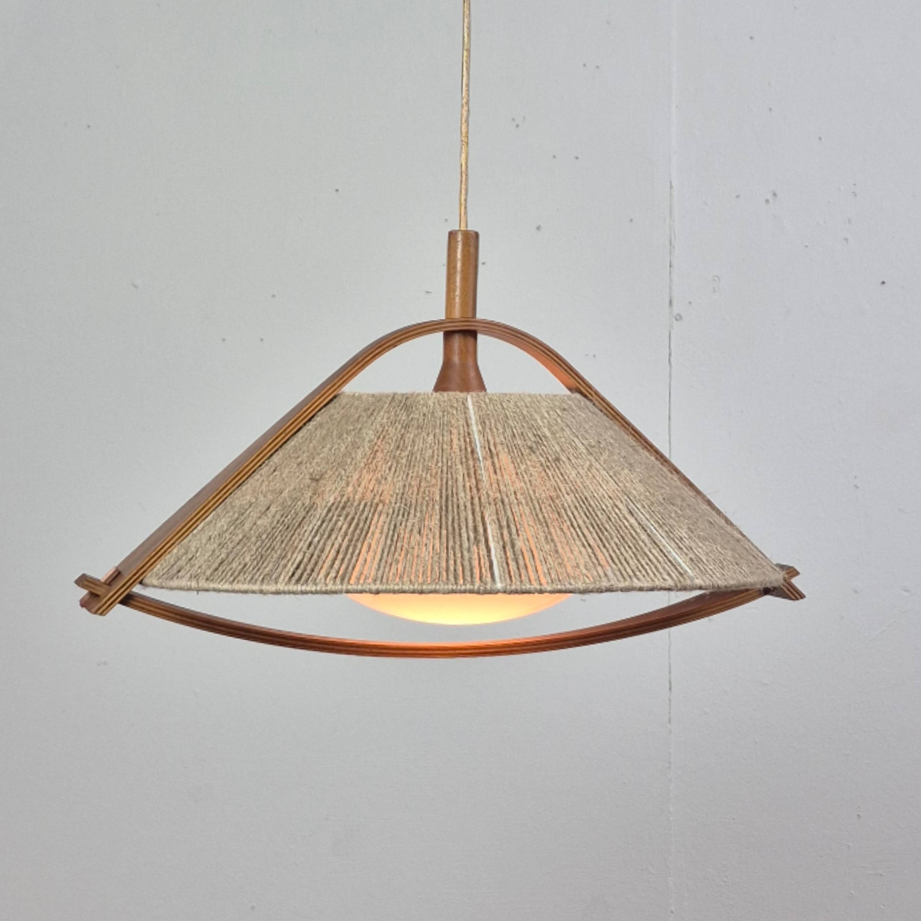 Wabi sabi sisal and plywood pendant lamp by Temde, Switzerland 1960s