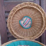 Vintage rattan worker, wrought iron tripod base, 60s