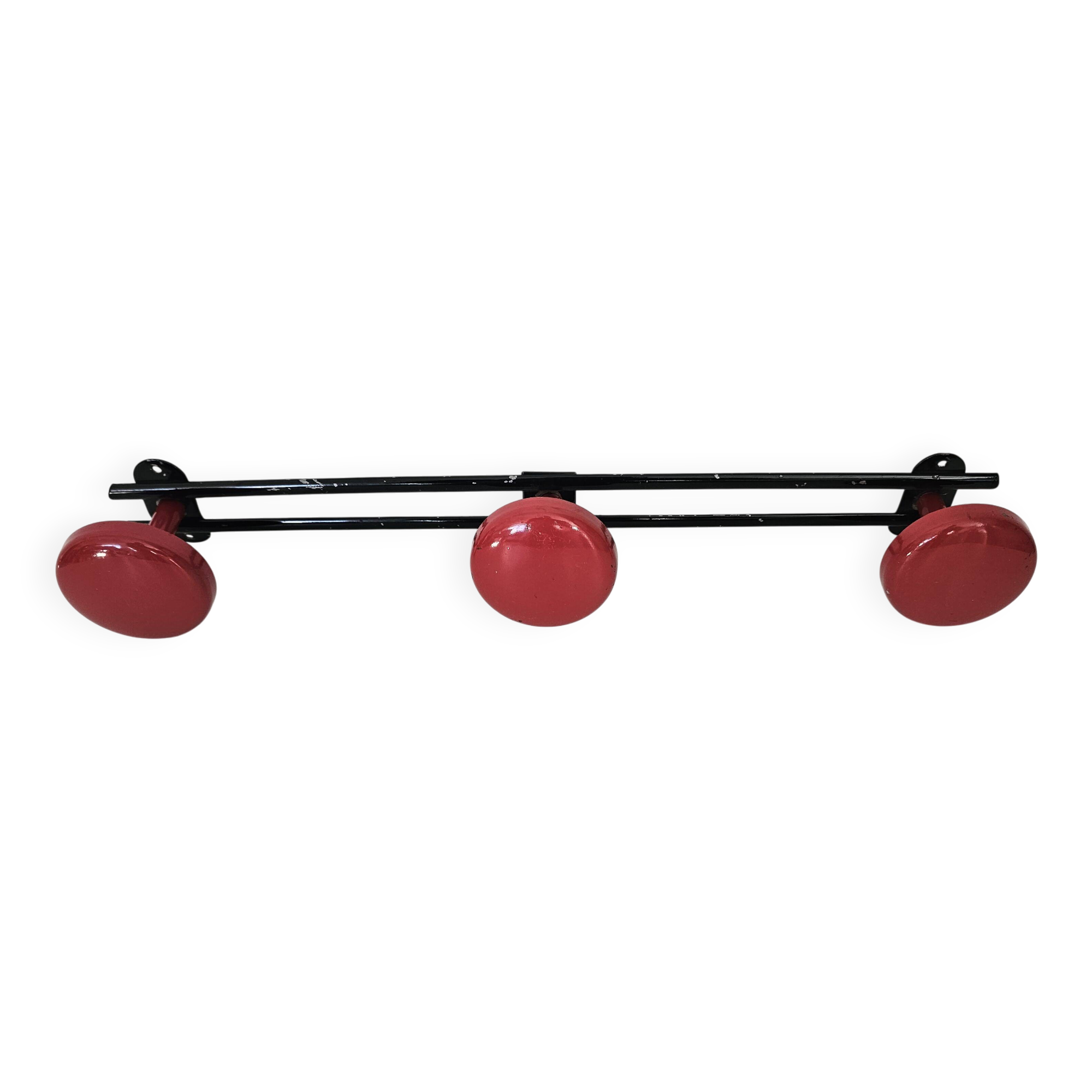 Vintage black and red coat rack with 3 hooks from the 1960s.