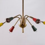 Multicolored vintage brass chandelier, 1950, 6 arms, 60cm in diameter