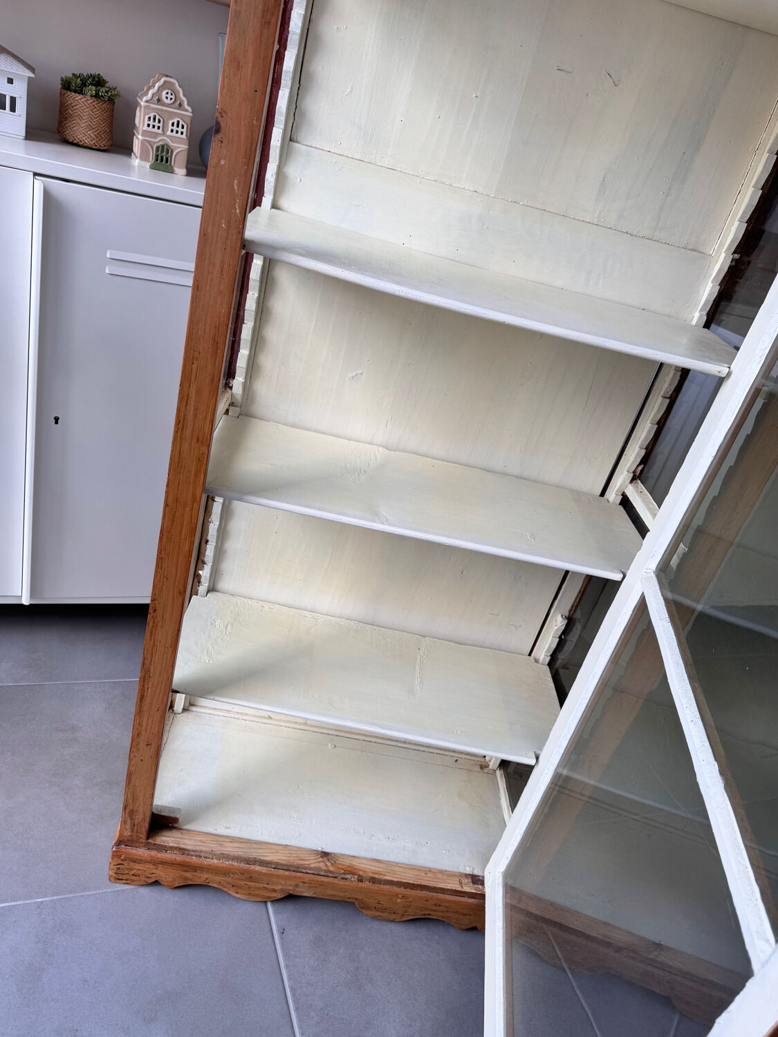 Antique display cabinet, small dresser, antique glass-fronted bookcase.