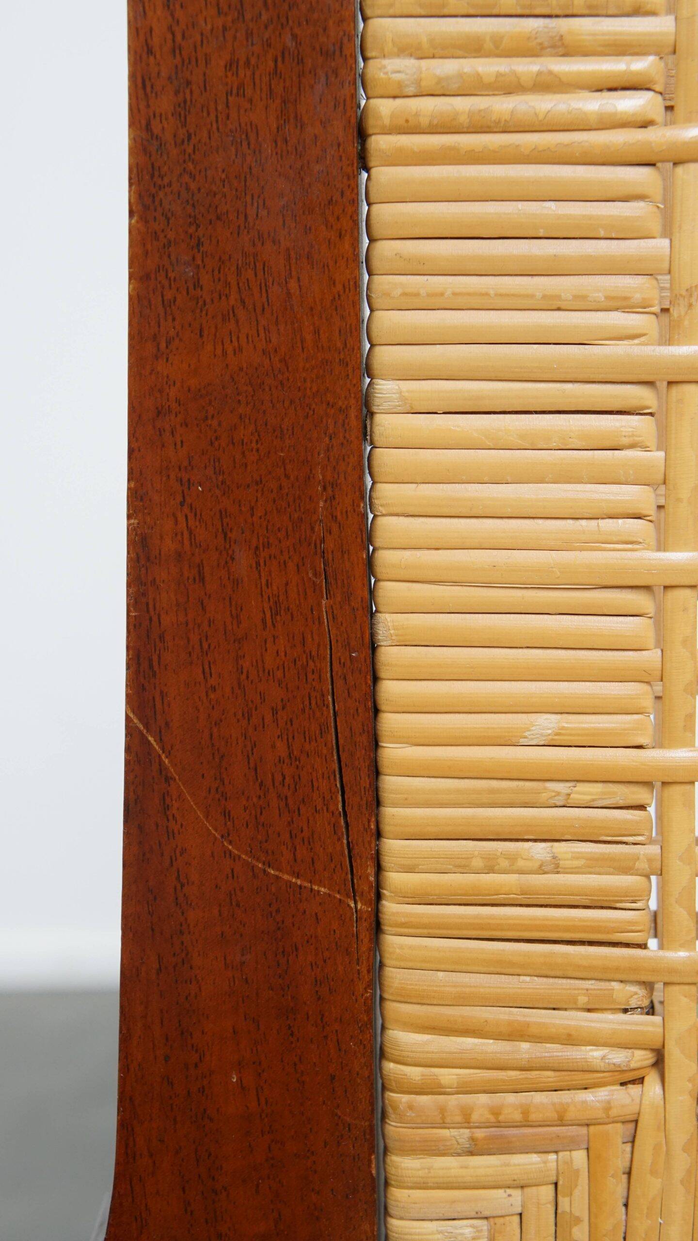 4 wooden Art Deco design dining chairs with a wicker seat and backrest