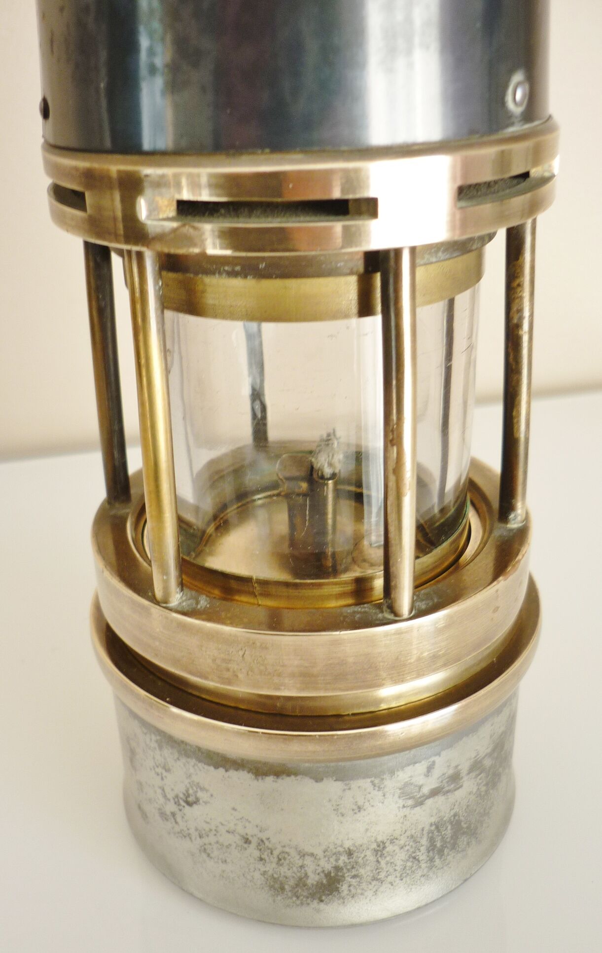Old miner's lamp, thick glass, brass, metal