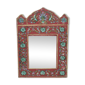 Miroir fixe sous verre decor floral perse orient XXe rouge