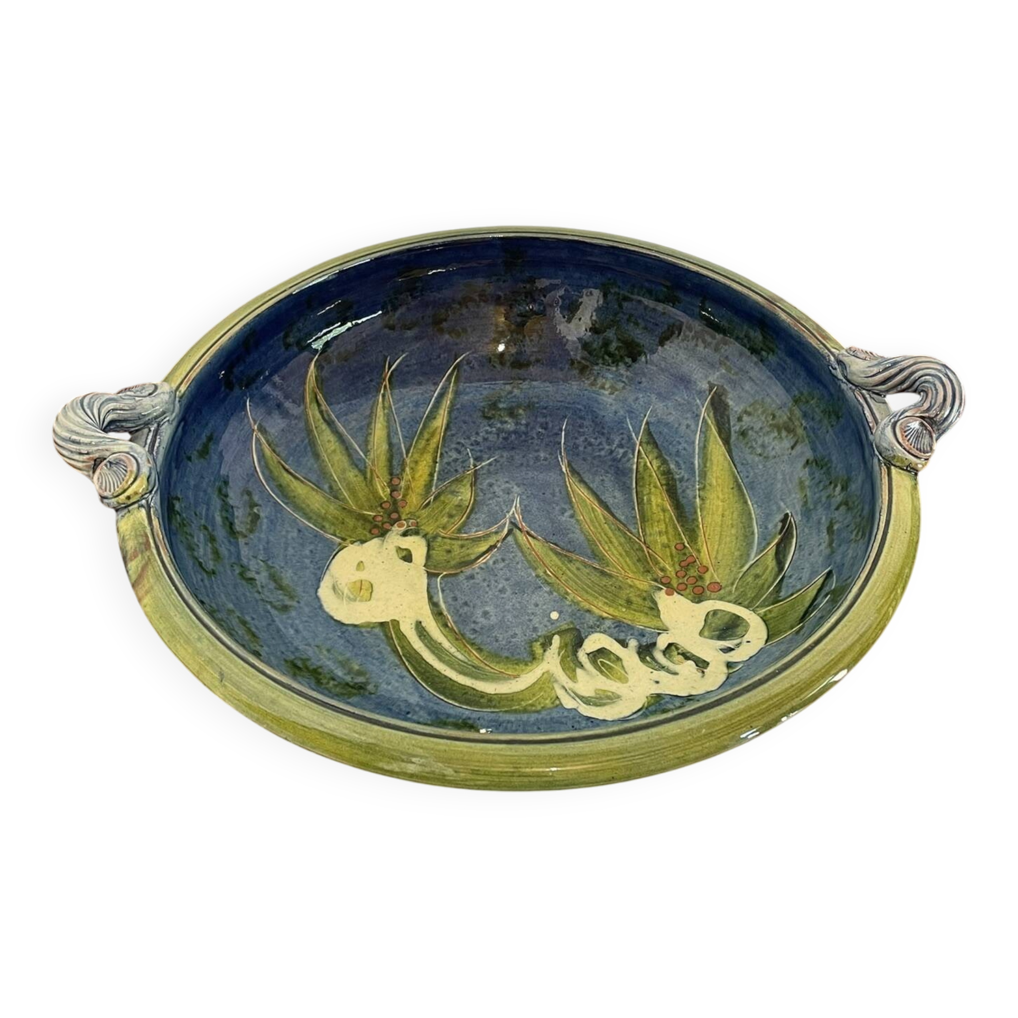 Large Dish with Handles in Handmade Ceramic - Hand-Painted Floral Decoration