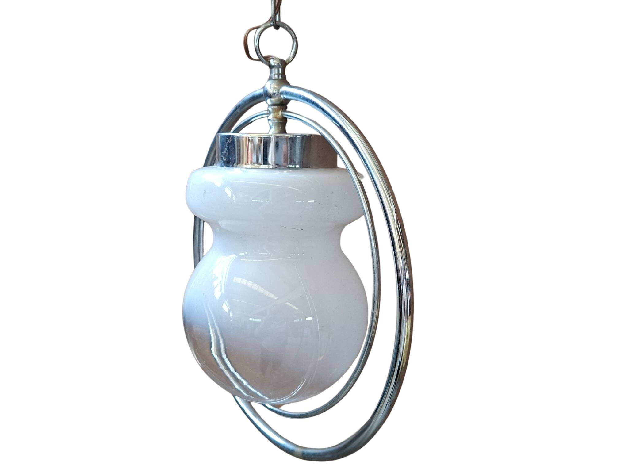 Suspension Vintage Space Age – Design des années 70 – Verre opalin et chrome