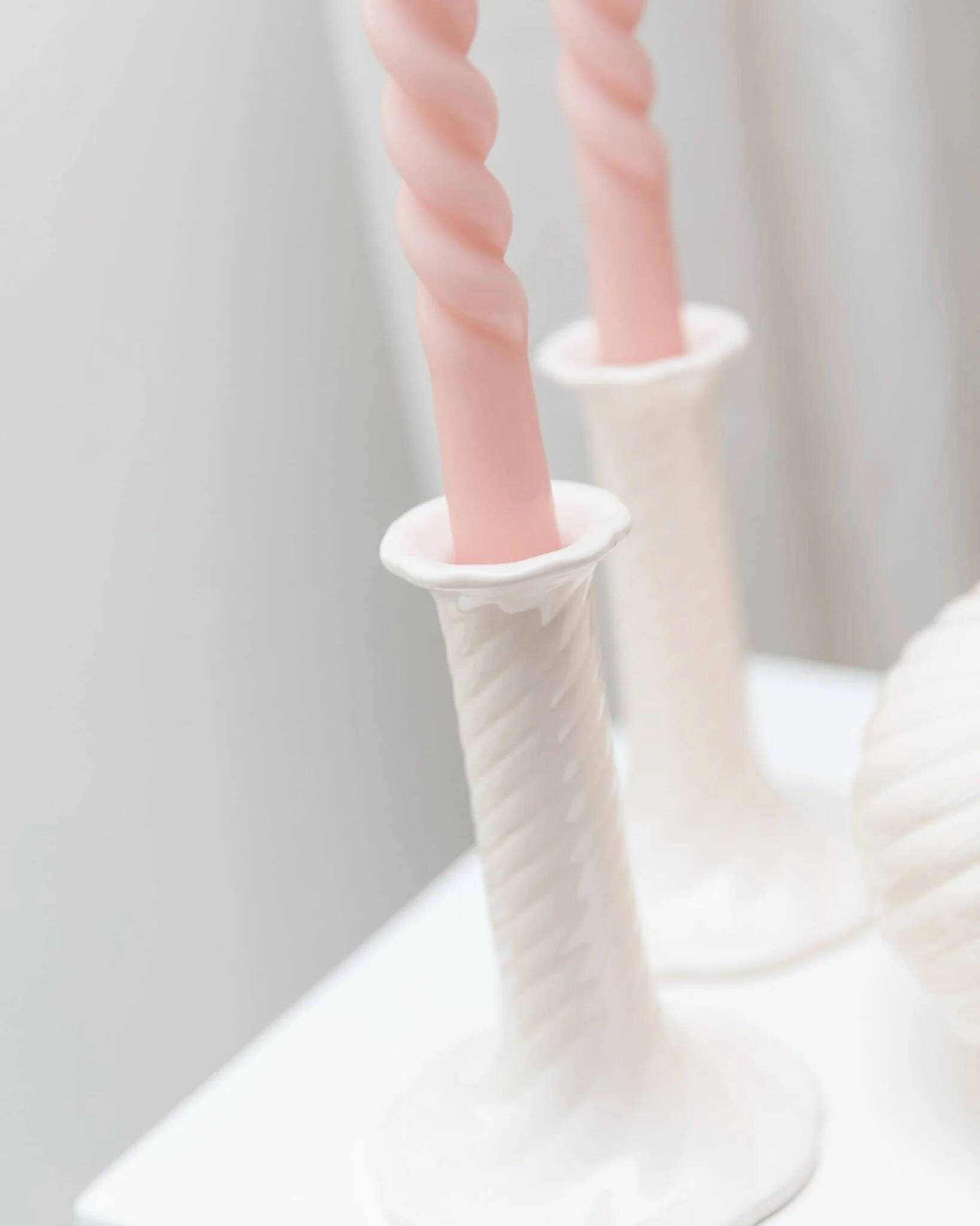 Cream ceramic mid-century set: two candle holders and a vase with white glaze, 1970s design