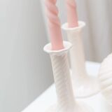 Cream ceramic mid-century set: two candle holders and a vase with white glaze, 1970s design