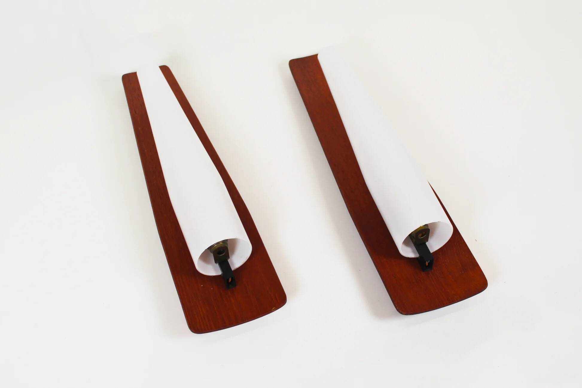 Rare set of wall lamps in teak and opaline glass by Kaiser Leuchten