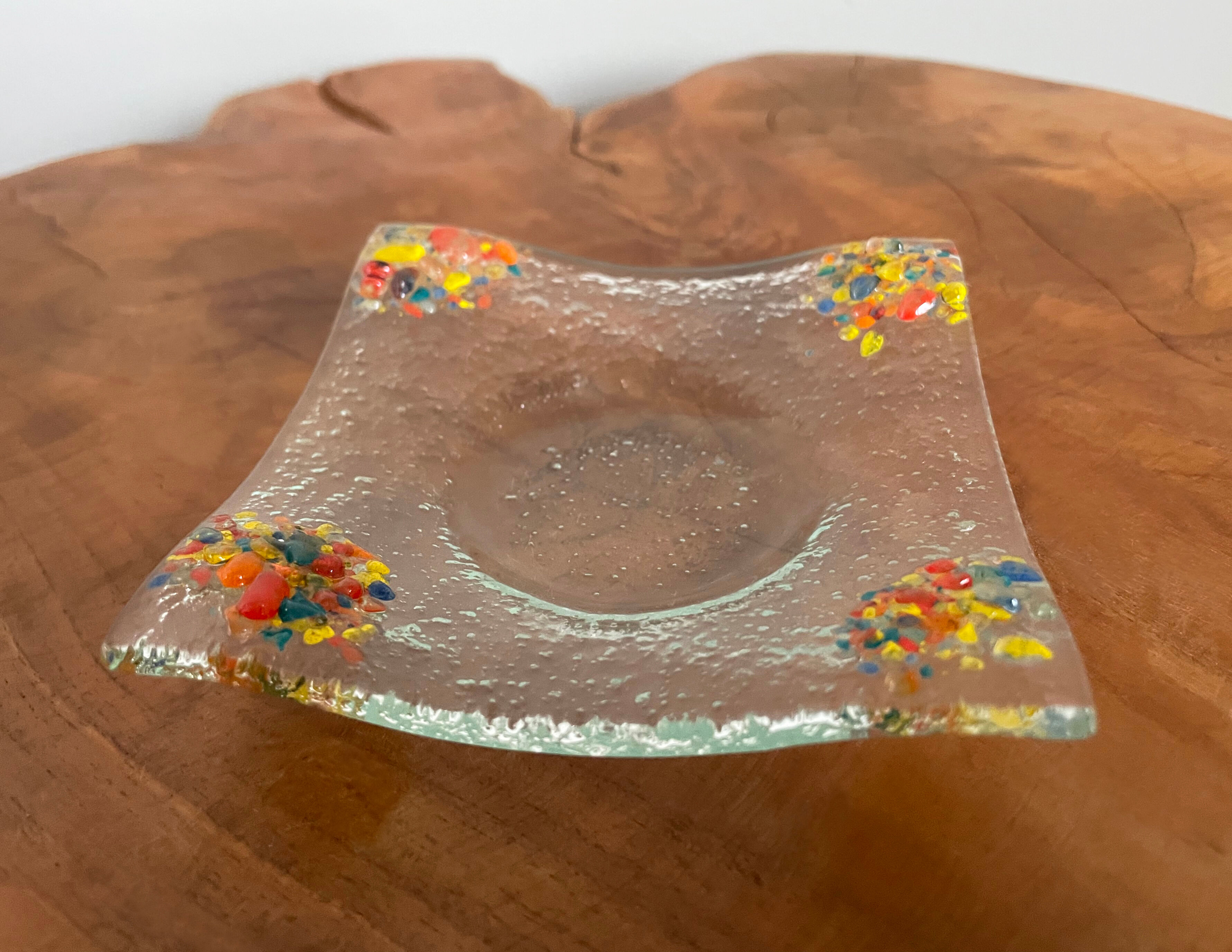 Art glass tea light holders or plates, fused glass with bright rainbow colours