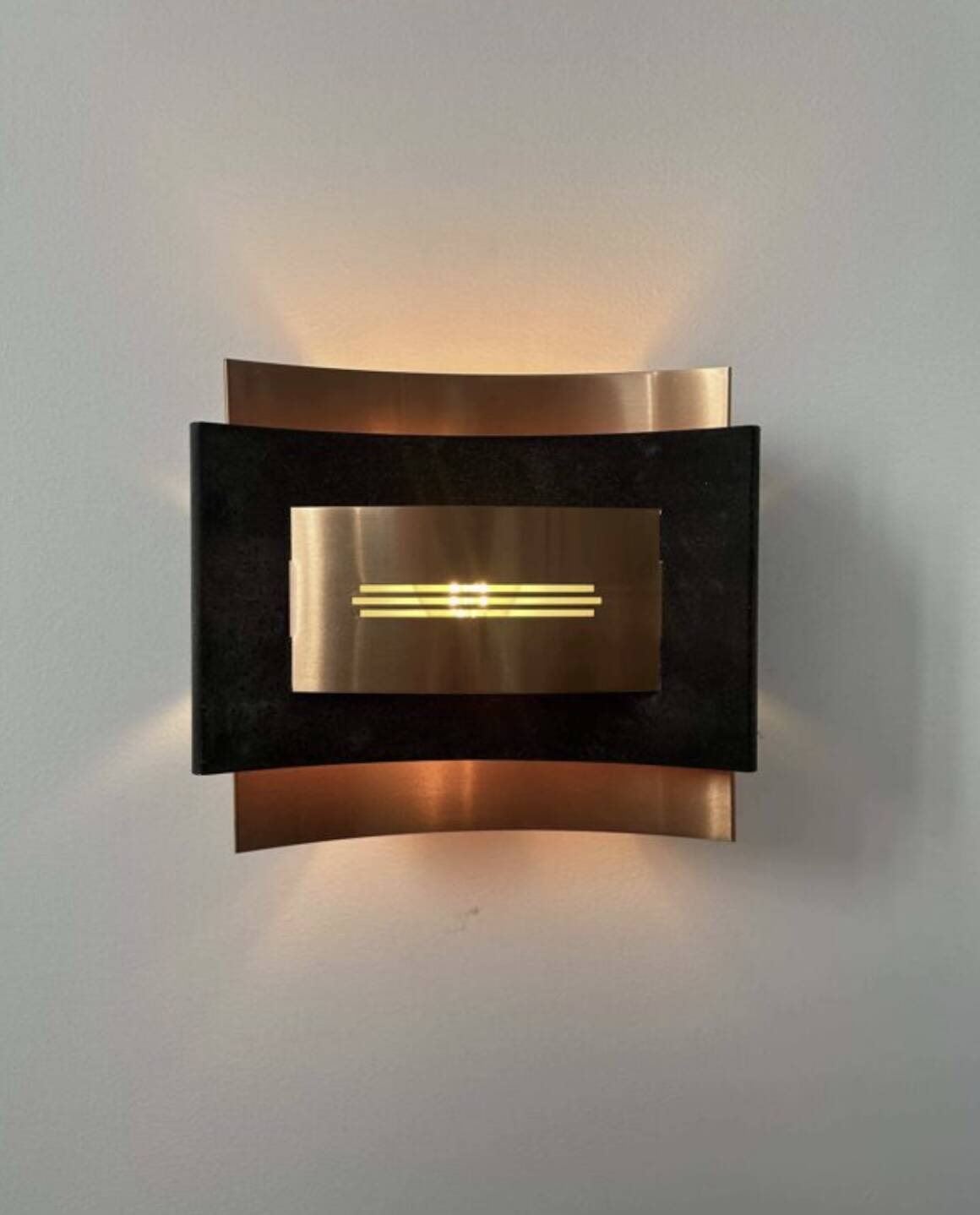 Pair of vintage wall lights, matte black metal and copper, Netherlands 1960