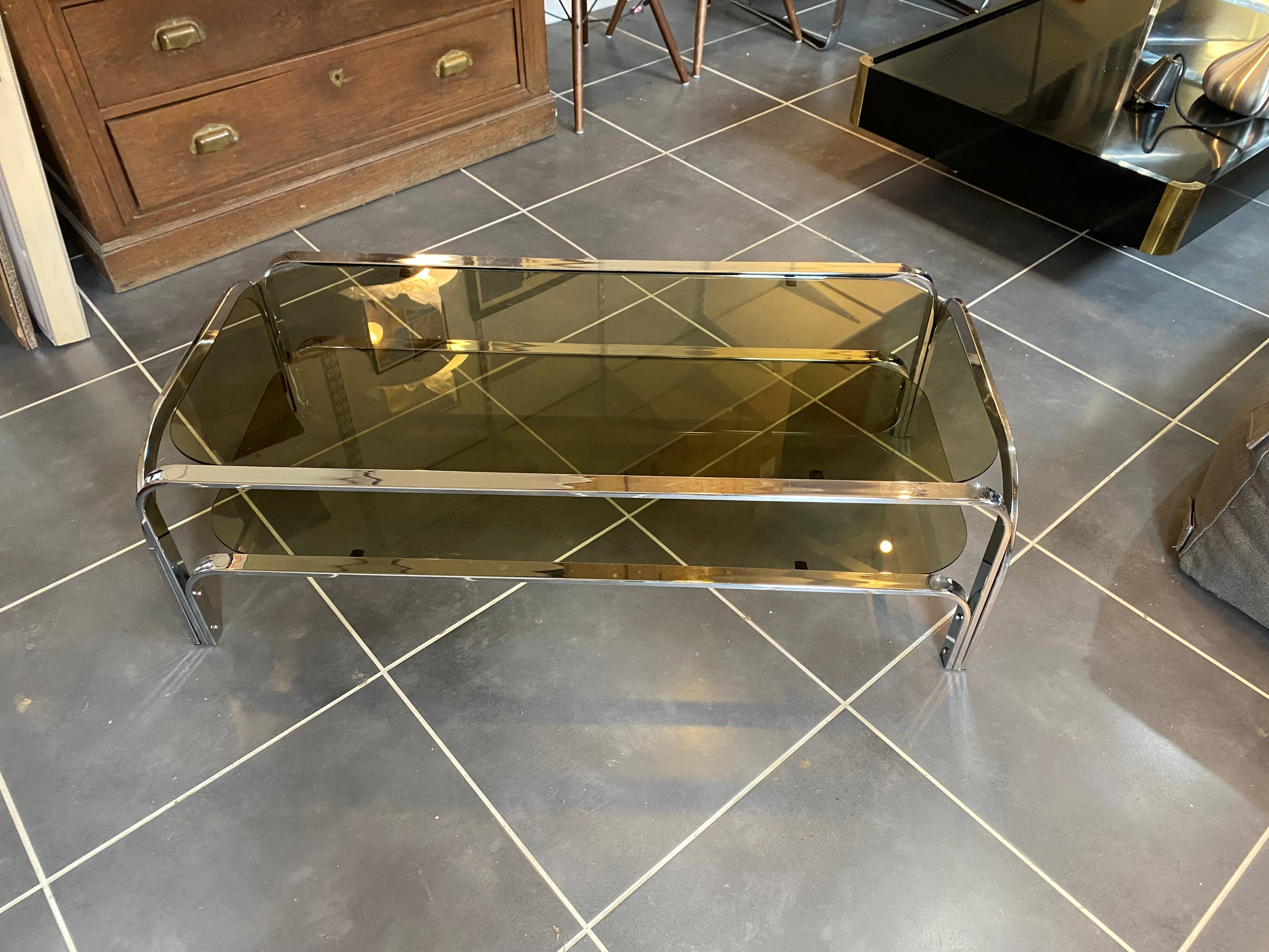 Table basse double plateau verre chrome style Bauhaus vintage 1970