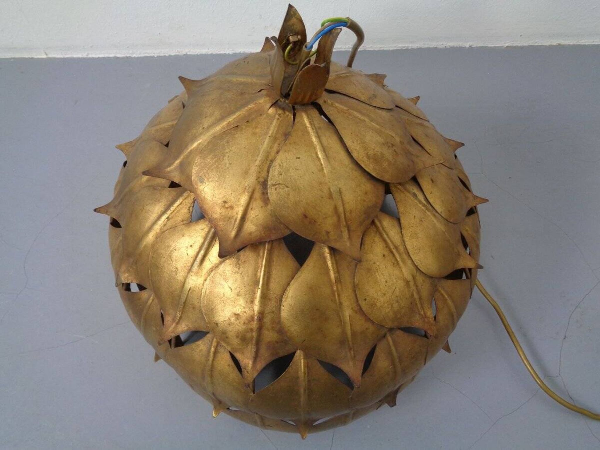 Large French Brass Lotus Ceiling Lamp, 1940s