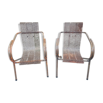 Pair of perforated metal armchairs by René Malaval 1950