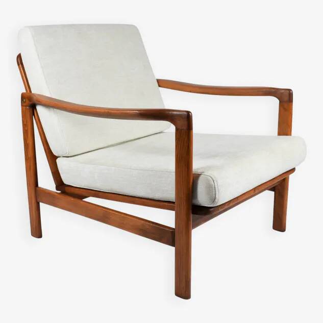 Scandinavian armchair in teak and cream fabric by Baczyk, 1960s, restored.