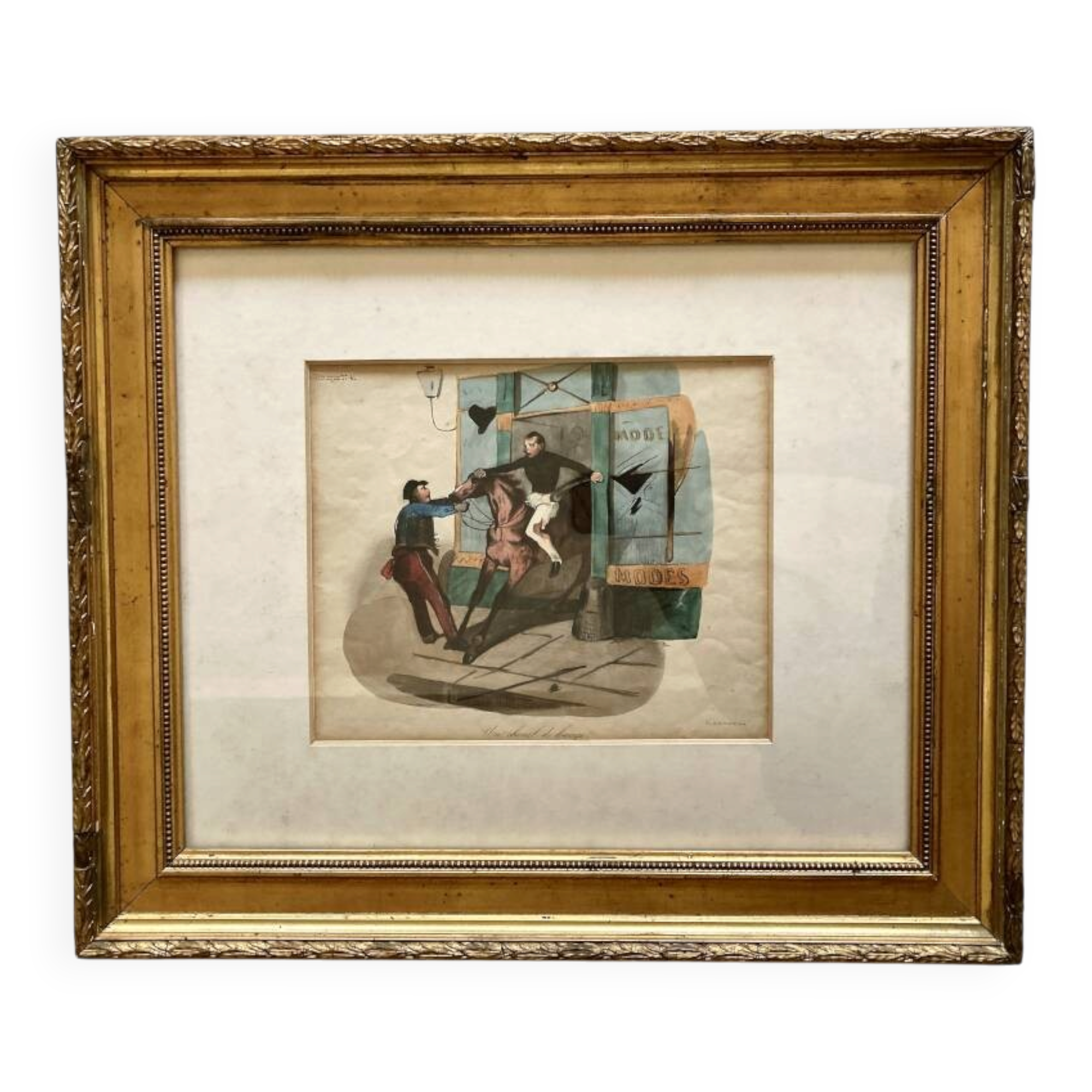 Antique lithograph Le Charivari 1844 framed – 19th-century gilded frame