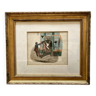 Antique lithograph Le Charivari 1844 framed – 19th-century gilded frame