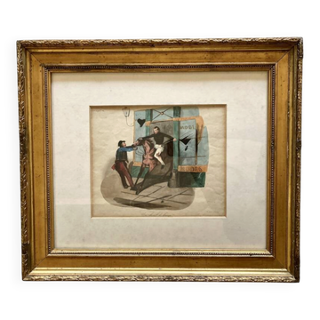 Antique lithograph Le Charivari 1844 framed – 19th-century gilded frame