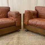 Pair of Cognac Leather Club Armchairs & Wood - Italian Design - 1970s