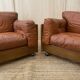 Pair of Cognac Leather Club Armchairs & Wood - Italian Design - 1970s