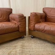 Pair of Cognac Leather Club Armchairs & Wood - Italian Design - 1970s