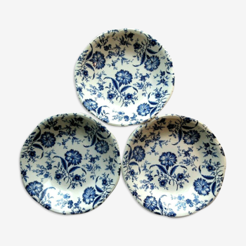 Set de 3 assiettes calottes Gien art deco modèle oeillets en bleu