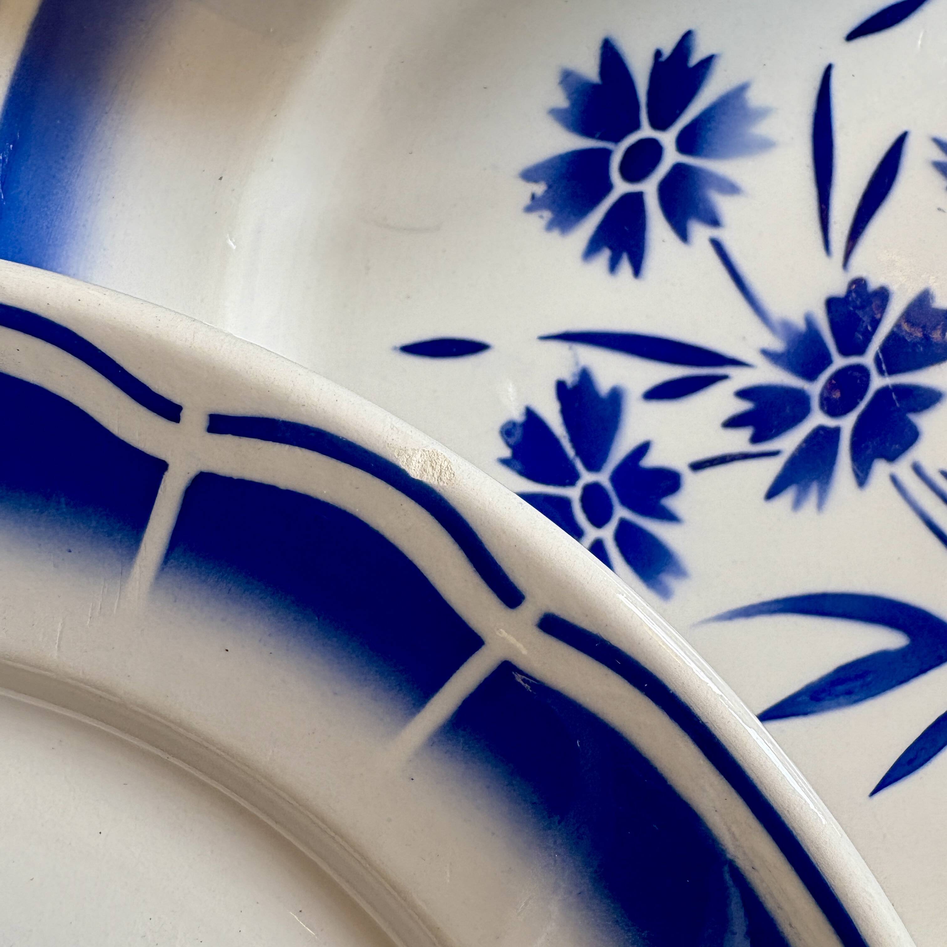 Set of 12 antique flat plates, blue flower decorations