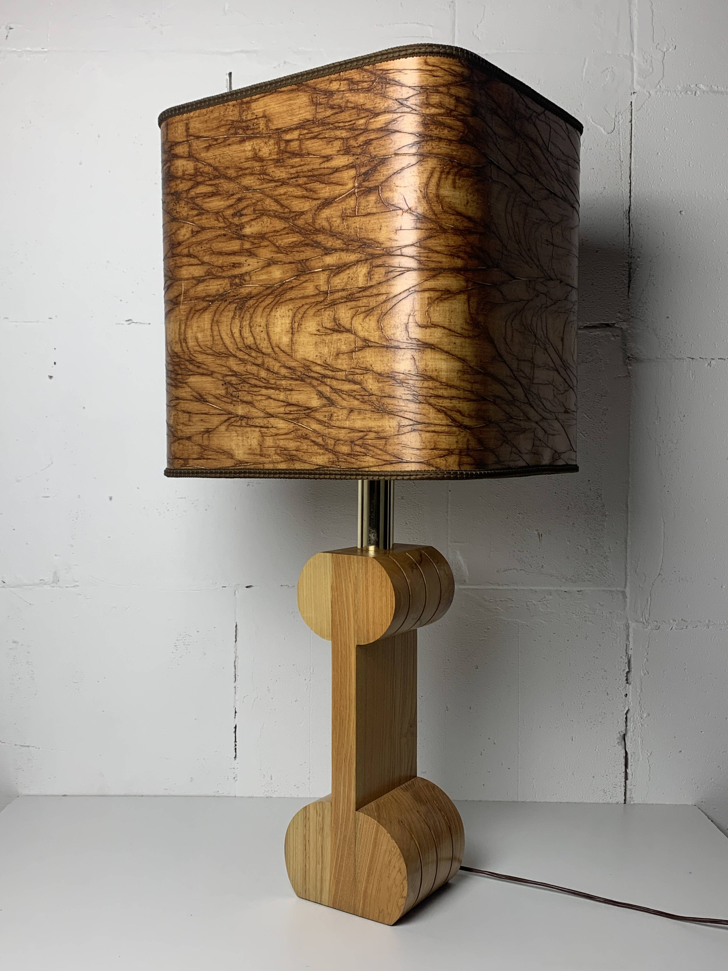 Midcentury Italian sculptural large table lamp with wood veneer shade