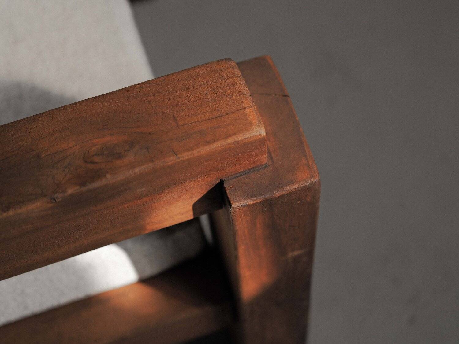 Handcrafted armchair in solid wood and fabric, 1980s-90s.
