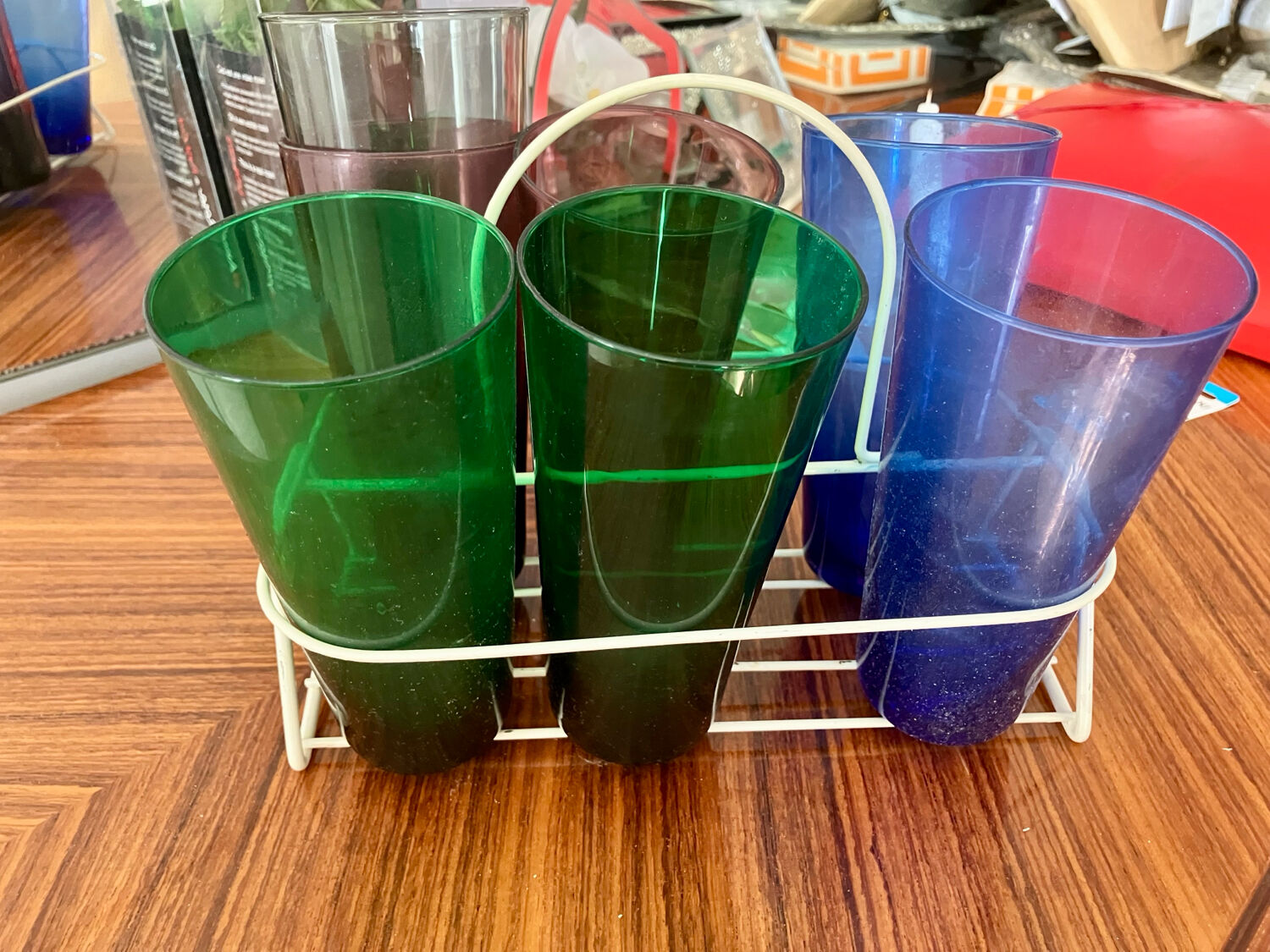 7 coloured glass glasses, 1960s-70s