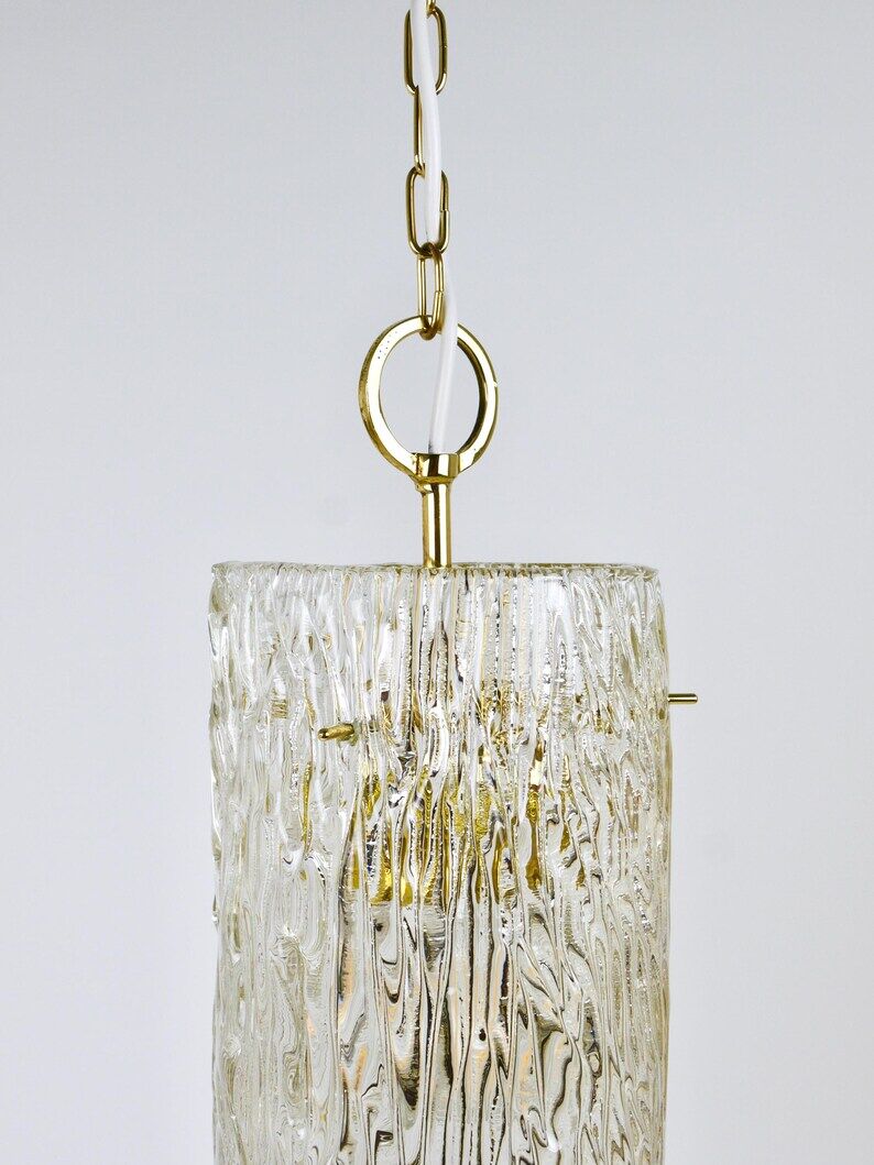 J.T. Kalmar Vienna Midcentury Textured Ice Glass Tube Brass Pendant Lamp, Austria, 1950s