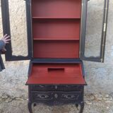 Louis XV style scriban bookcase in black and Basque red patinated cherry wood