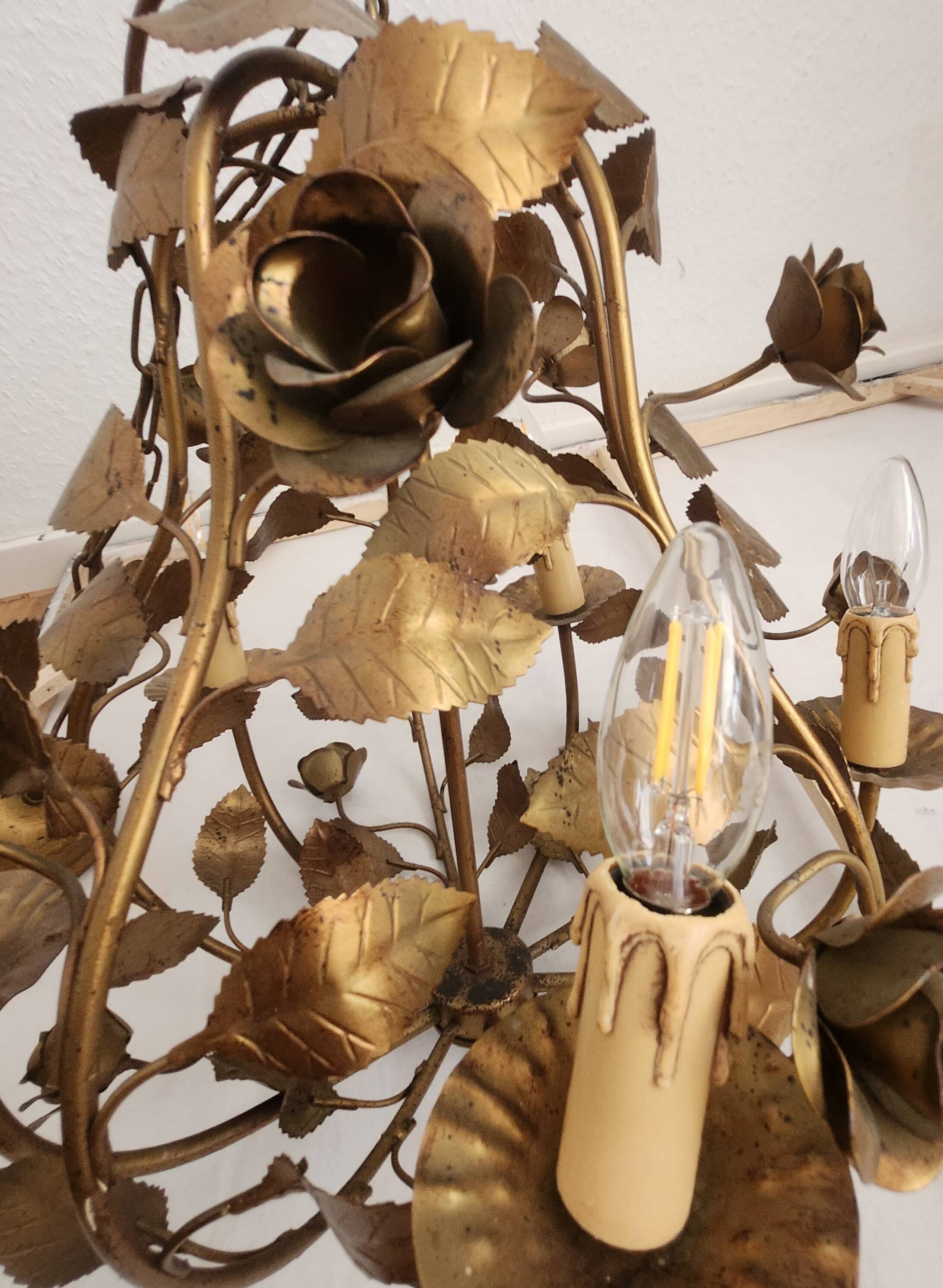 Chandelier hand-forged Hollywood Regency rose leaf decorations