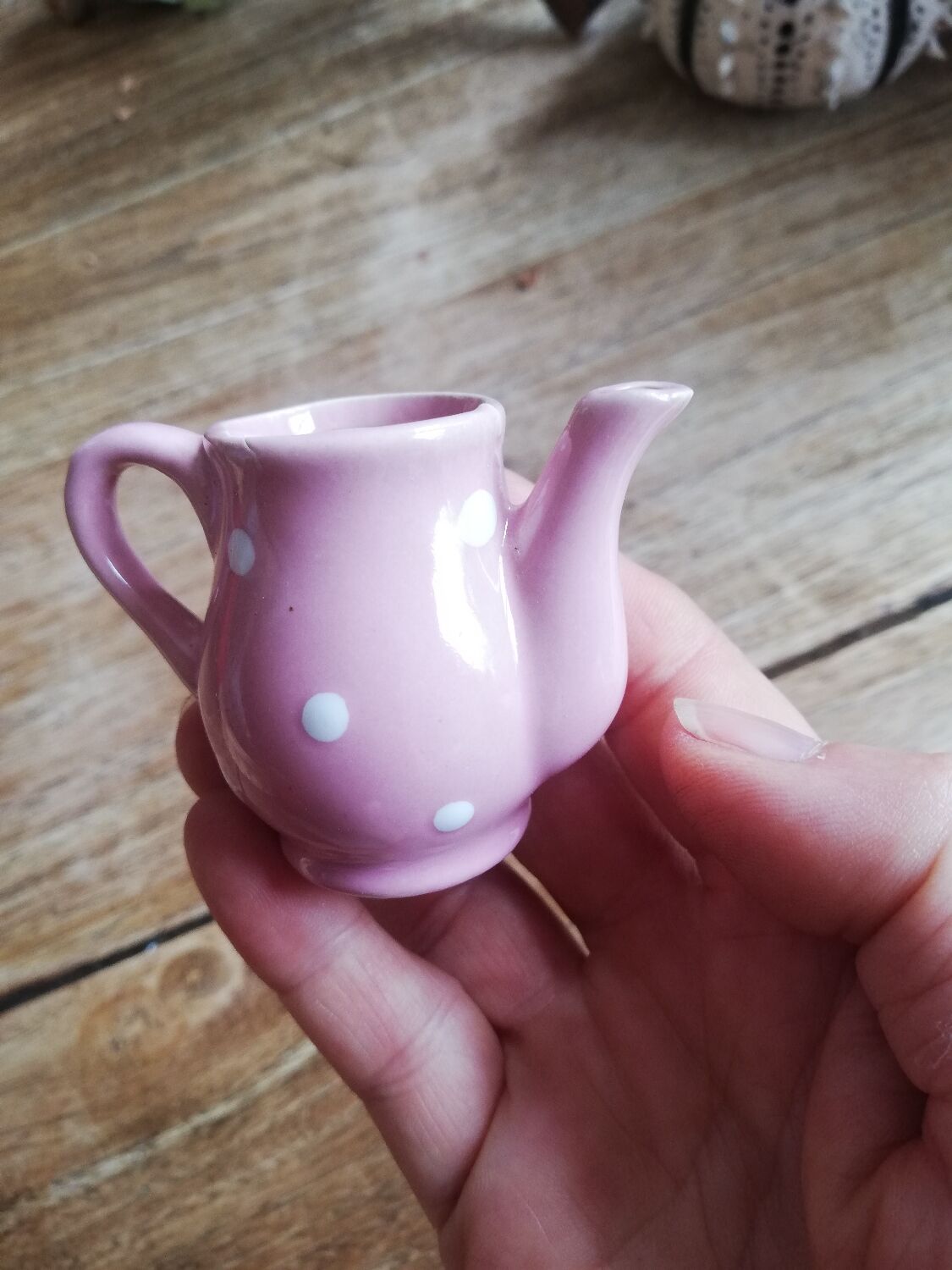 Miniature pink pitcher with white polka dots for play kitchen or dollhouse