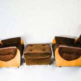 Pair of G-plan saddle back teak armchairs & footstool