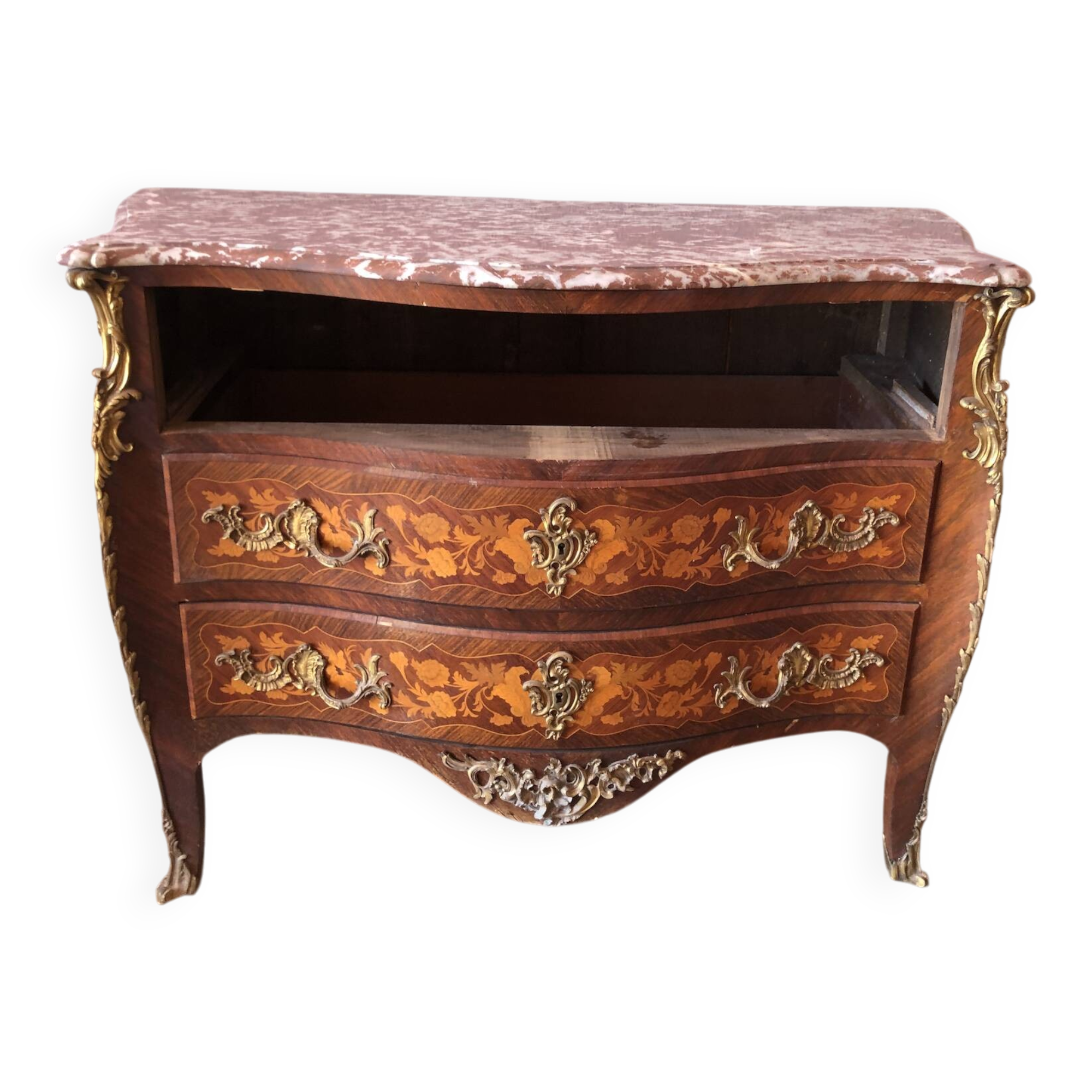 Louis XV style commode – floral marquetry – marble top – gilded bronzes