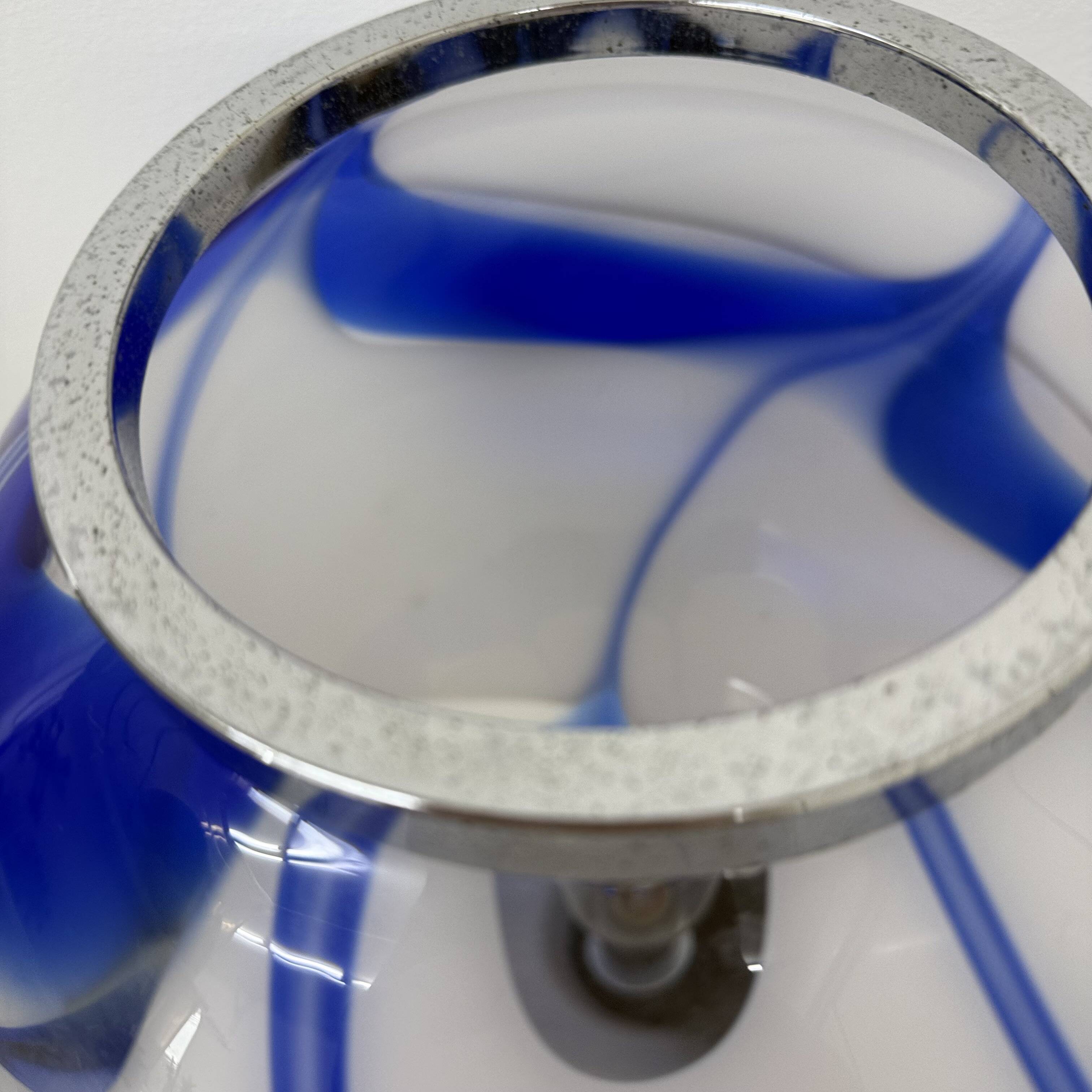 Mid – century Large glass table lamp with blue swirl , 1970s Italy