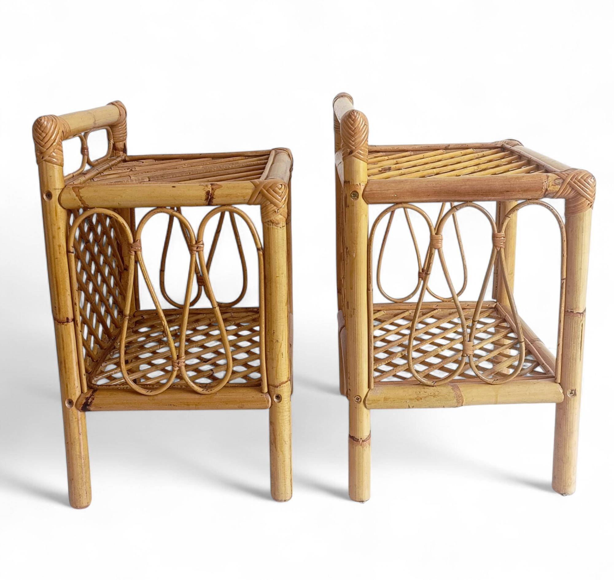 Mid-Century Bamboo and Rattan Nightstands, Spain, Hand-Crafted, 1970s