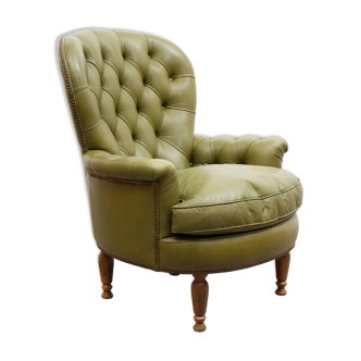 Small Chesterfield armchair, fireplace armchair in olive green leather