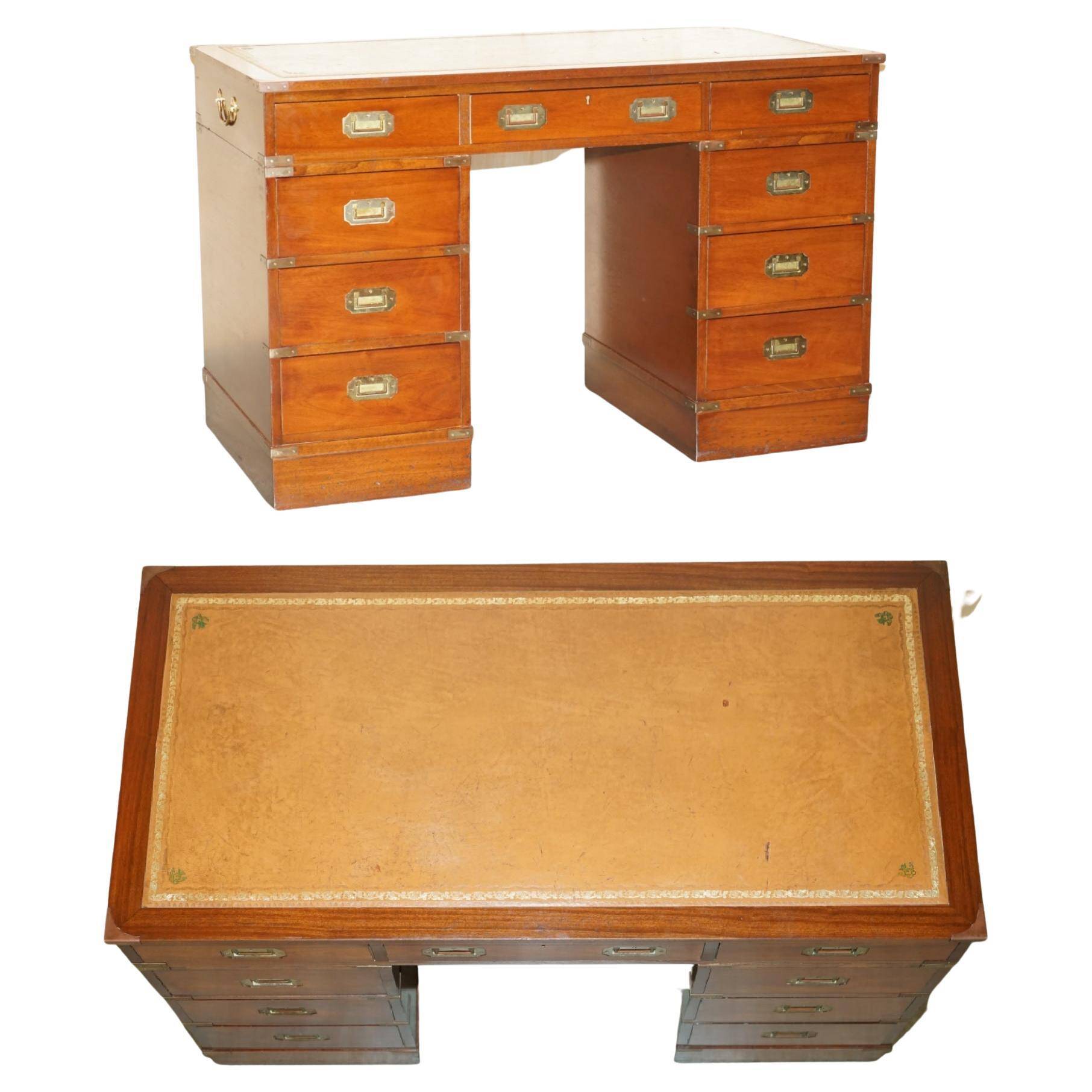 Vintage Harrods Kennedy desk in military campaign style with drawers.