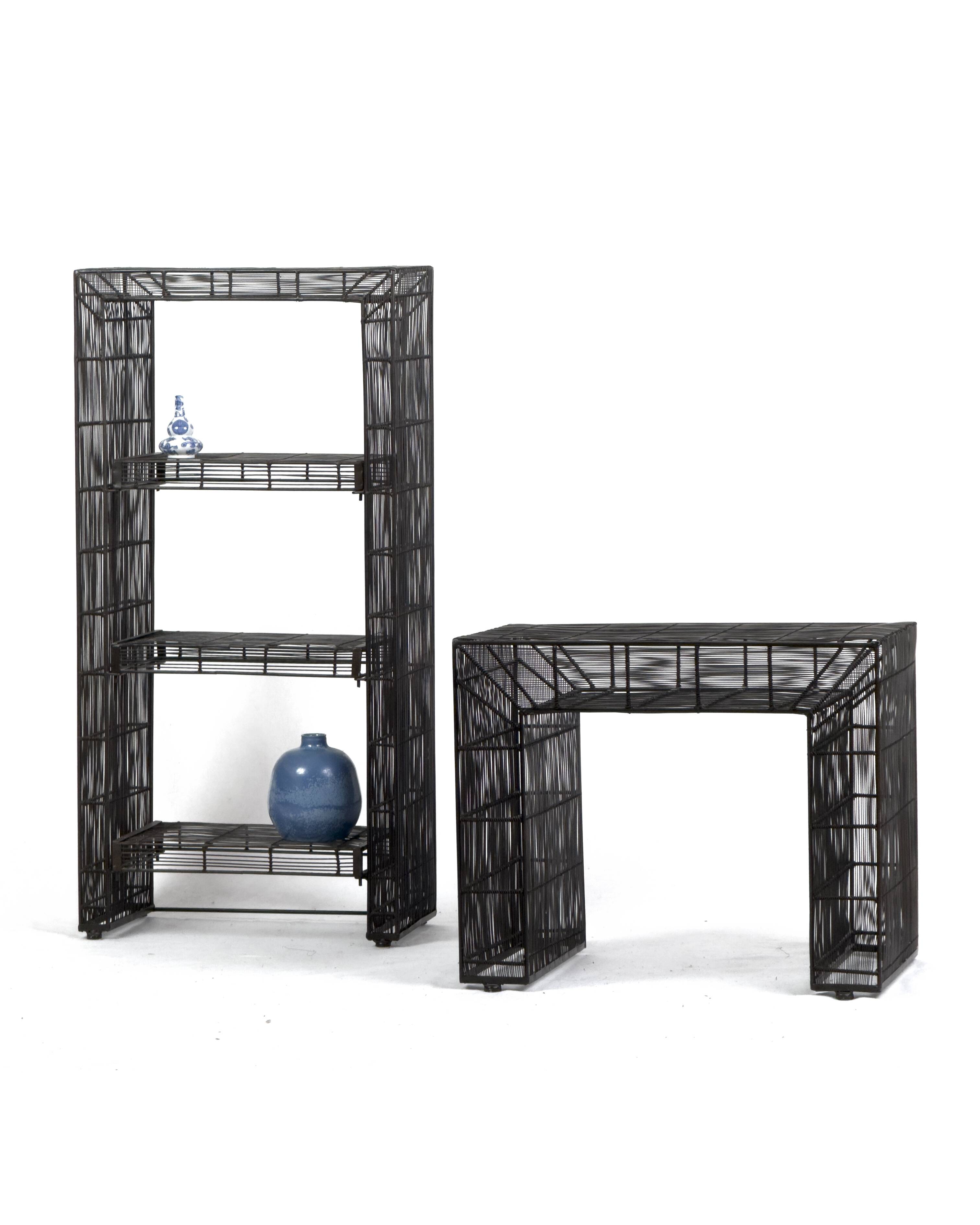 Vintage sculptural metal wire shelving and display table set