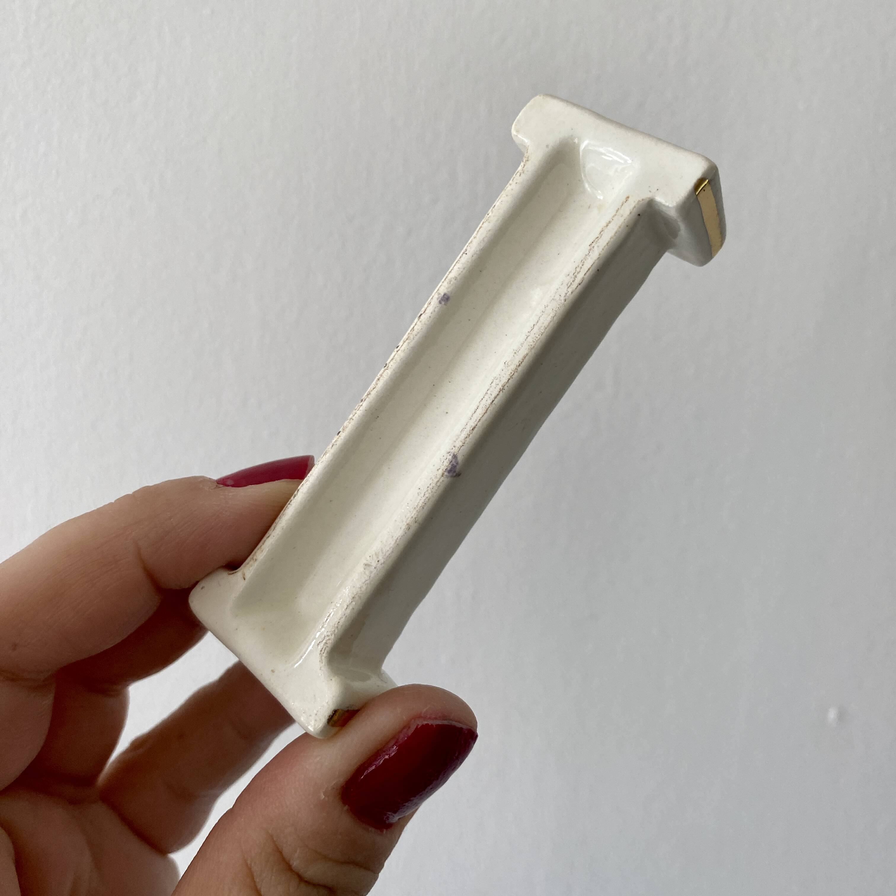 Set of 10 vintage art deco knife holders in white and gold ceramic